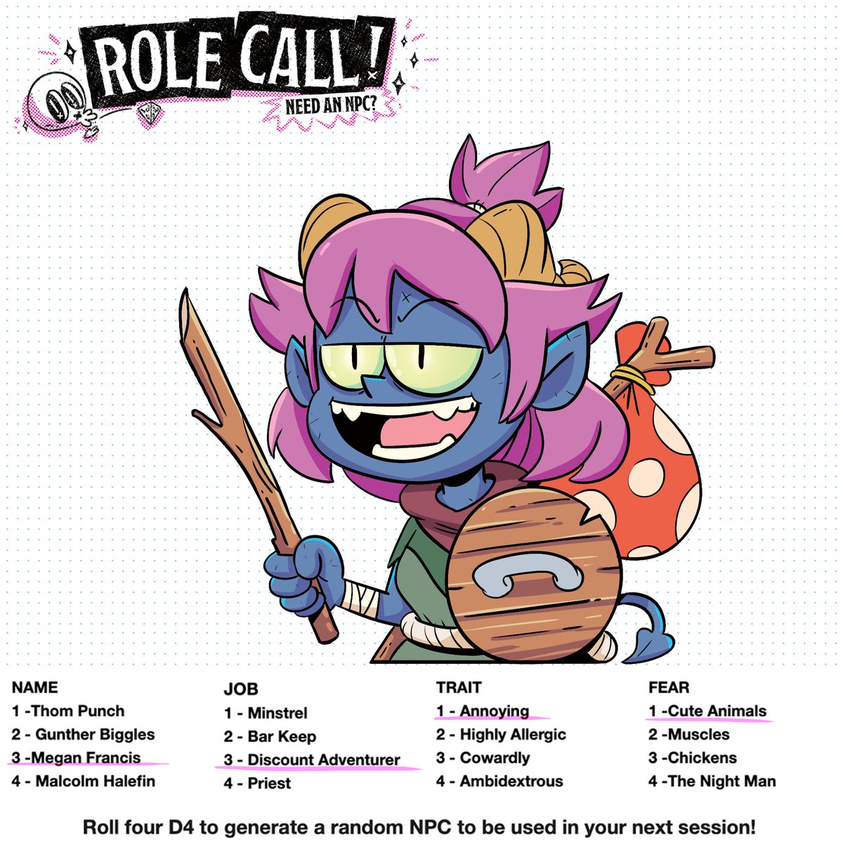 📣Friday #rolecall!📣 Here's a handy little NPC generator courtesy of our #Diceguardians weekly newsletter &amp; <a href="/tavismaiden/">T A Y - V I S</a>! Roll a D4 for each column &amp; generate your table's new best friend or latest foe! Have a great weekend &amp; happy gaming! 

diceguardians.com/?utm_source=SM…

#ttrpg #DnD