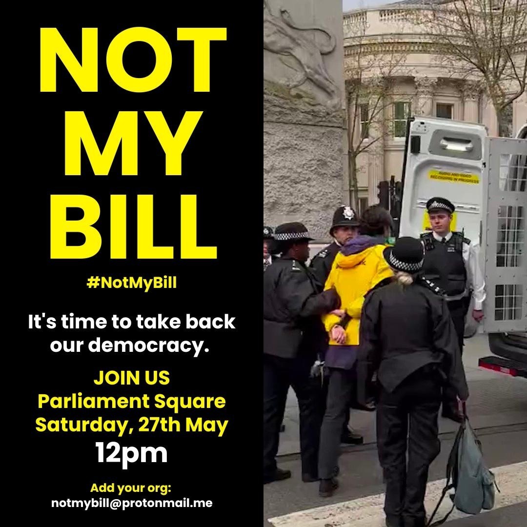 RepublicStaff's tweet photo. That's right, our first protest since the Coronation is here! We'll be joining a bunch of other groups in Trafalgar Square on May 27th, protesting against the Public Order Act. #NotMyBill https://t.co/MWMRpNtGX6