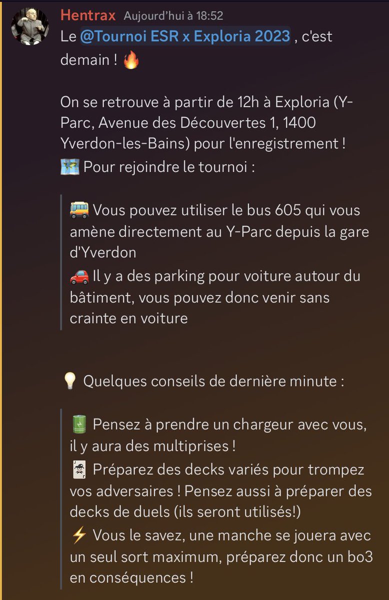 📅 J-1 avant le tournoi ! 📅

Toute l’équipe se réjouit de vous accueillir à Exploria demain, à partir de 12h! 🔥

⏰ Début des matchs à 13h30! 

⬇️ Et voici tous nos conseils de dernière minute pour un tournoi réussi! 😍

#ESROnFire🔥