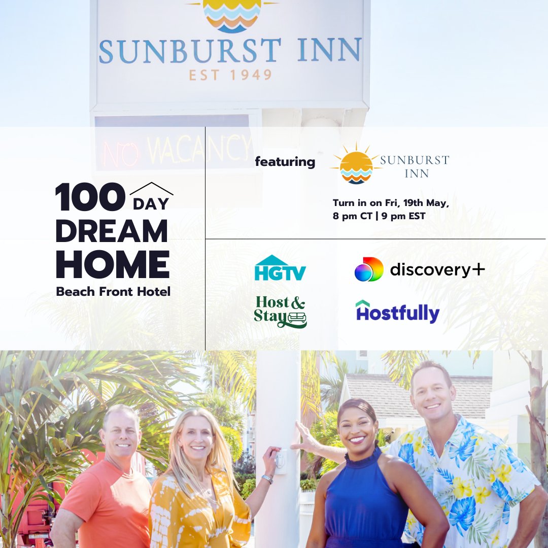 hostfully's tweet photo. The transformation of Sunburst Inn on HGTV's 100-Day Dream Home: Beachfront Hotel! 🏖️✨
Tune in tonight to see their journey of turning their property into a dreamy paradise and how they work with Host &amp; Stay using tools like Hostfully to manage their property effectively. https://t.co/iREkY2GP3S