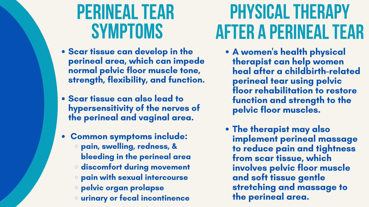 A #pelvicfloor PT can help women heal after a #perinealtear using #pelvicfloorrehabilitation & #perinealmassage to restore function/strength to #pelvicfloormuscles & reduce pain. 

#perinealcare #perinealtrauma #perinealtearing #physicaltherapy #postpartumhealth #factfriday