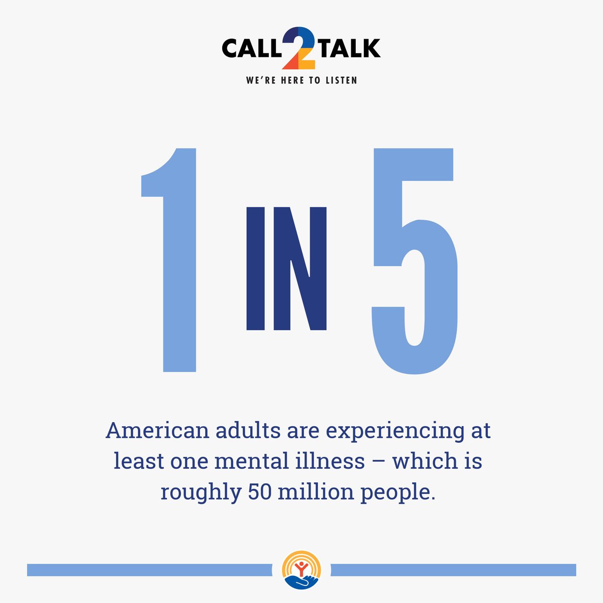 unitedwaypv's tweet photo. 1 in 5 adults in the U.S. are experiencing one mental illness, equaling roughly 50 million people. If you or anyone you know needs Call2Talk, call free at 413-505-5111 #uwpv #mentalhealthmonth #mental health #unitedway #westernmass #springfieldma #community #nonprofit #volunteer https://t.co/KnH9WHfBho
