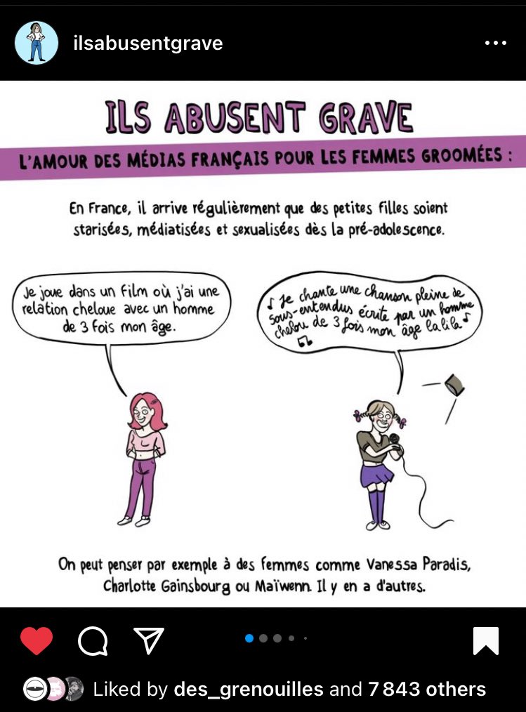 des_grenouilles's tweet photo. Les médias de notre pays raffolent des femmes groomées. 

Vanessa Paradis, Maïwenn, Charlotte Gainsbourg… En France, il arrive régulièrement que des mineures soient starisées, médiatisées et sexualisées dès leur pré-adolescence. https://t.co/VpoXQn5pP5
