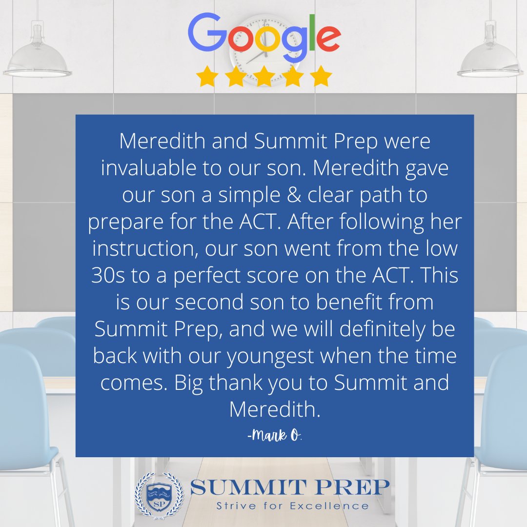 Thank you for your review, Mark! Congratulations to your son!

⭐⭐⭐⭐⭐

#FiveStars #Review #Testimonial #TestPrep #Tutor #ACT #SAT #CollegeBound #CollegeAdmissions #GoogleReview #SummitPrep