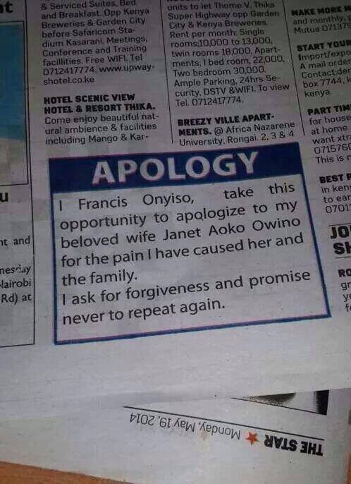 #FlashbackFriday to this 9yr old public apology by Francis Onyiso to his beloved wife Janet Aoko Owino...