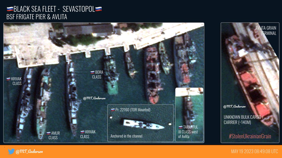 MT_Anderson's tweet photo. 🇷🇺BLACK SEA FLEET: SEVASTOPOL🇷🇺
0.5M📸 19 May 2023. Not a vastly different picture compared with 17 May. 2 interesting items to point out⬇️
1) Dry dock looks flooded &amp; green coverings off - Grigorovich could leave soon
2) 4 KILOs at the sub piers (can't recall that before) https://t.co/RXzjyitVaT