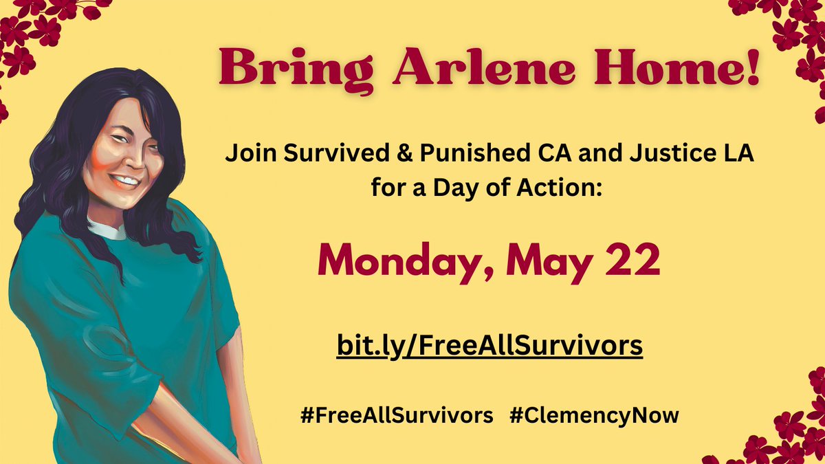 Mark your calendars to take action MONDAY to #FreeArlene & #FreeAllSurvivors! 📣 Arlene is a daughter, mother, grandmother & survivor of childhood sexual abuse & domestic violence. In 2013, she was sentenced to LWOP even though she was not involved in the incident. @CAgovernor