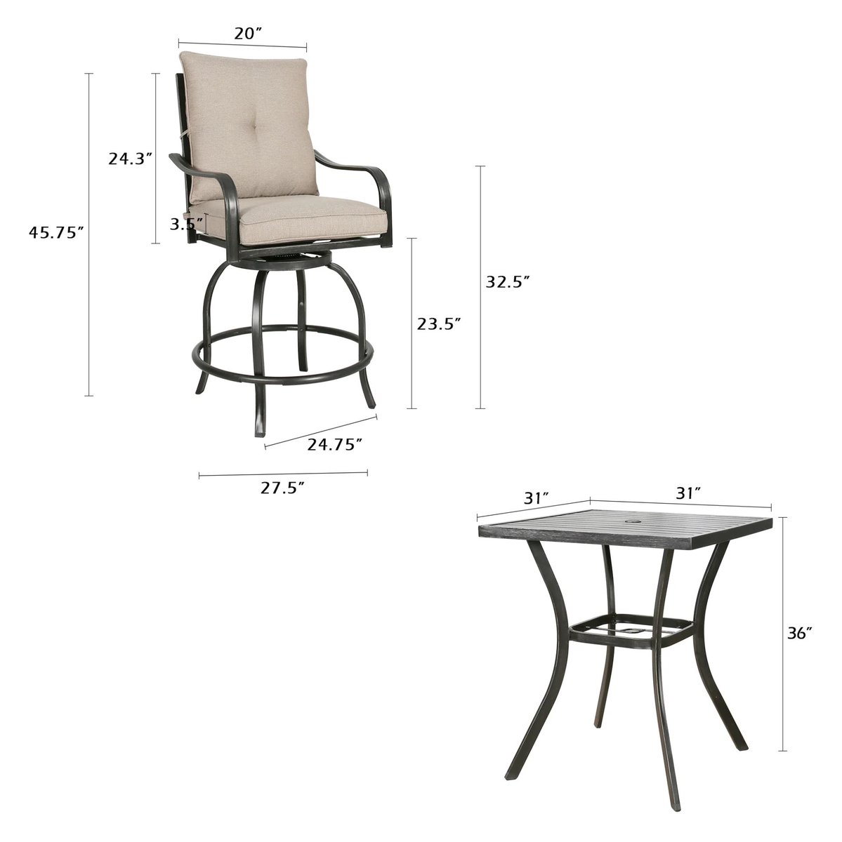 Patio 5 Pieces Metal Bar Height Dining Set with Square Bar Table and Swivel Counter Stools with Cushions (Beige)
peakhomefurnishings.com
#chair #patio #patiodecor #furniture #interiordesign #family #hangout #DiningSet #DiningChair #squareTable #swivelchair #barstools #heightchair