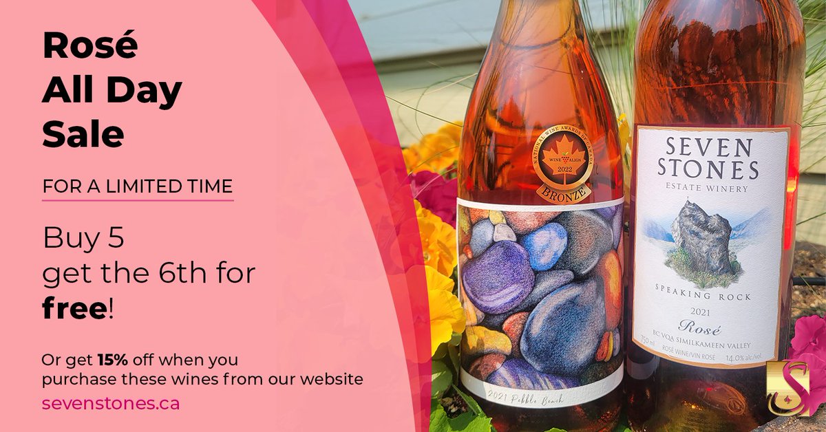 Stock up for the summer on these great patio sippers! The 2021 Pebble Beach Rosé &amp; the 2021 Speaking Rock Rosé are now available from our tasting room. Or order them from sevenstones.ca for 15% off!  #roséallday #similkameenwine #bcwine