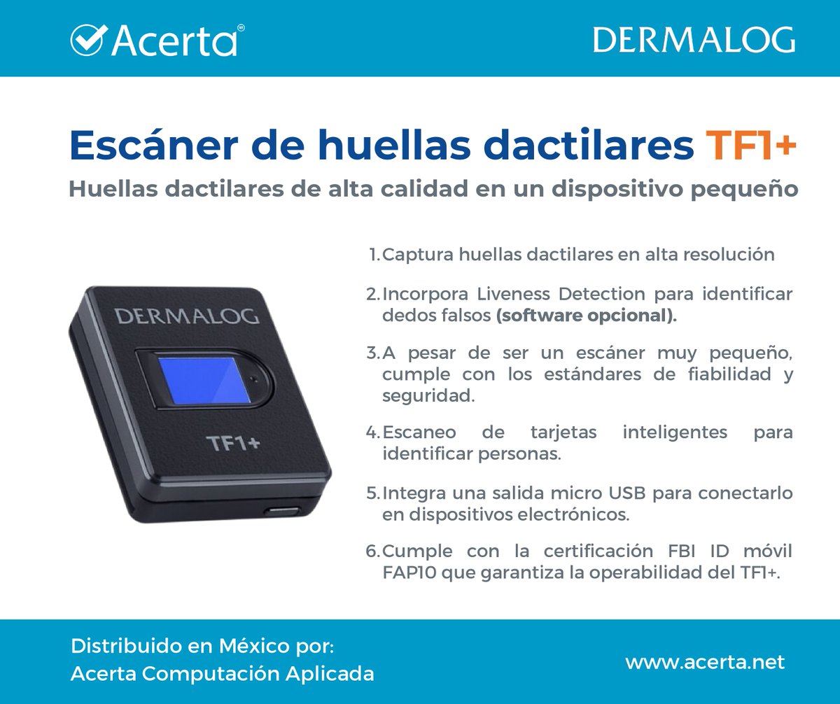 acertasocial's tweet photo. El dispositivo TF1+ es un escáner que ofrece la captura de #huellasdactilares en alta resolución y cumple con la certificación FBI ID móvil FAP10, pequeño y fácil de usar. 💯
👉 #Acerta es distribuidor de #Dermalog: https://t.co/2JvE1agE1G
#Biometría #AcreditacióndeIdentidad https://t.co/mM8x2ILSwv