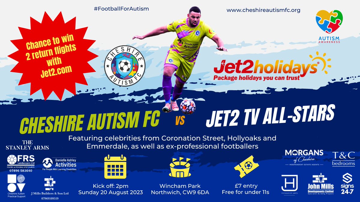 Cheshire Autism FC Est: 2021 (@cheshireautisfc) on Twitter photo **Big Game Announcement** and your chance to win 2 tickets anywhere in Europe Courtesy of jet2holidays.
At-Witton Albion F.C
KO- 2pm
Sunday 20th August
£7 Entry
Under 11's Free
#footballforautism #Jet2holidays #football
<a href="/WittonAlbion/">Witton Albion Football Club</a>
<a href="/jet2tweets/">Jet2tweets</a>
<a href="/RadioNorthwich/">Radio Northwich</a>
<a href="/PMullin7/">Paul Mullin</a> **Big Game Announcement** and your chance to win 2 tickets anywhere in Europe Courtesy of jet2holidays.
At-Witton Albion F.C
KO- 2pm
Sunday 20th August
£7 Entry
Under 11's Free
#footballforautism #Jet2holidays #football
<a href="/WittonAlbion/">Witton Albion Football Club</a>
<a href="/jet2tweets/">Jet2tweets</a>
<a href="/RadioNorthwich/">Radio Northwich</a>
<a href="/PMullin7/">Paul Mullin</a>