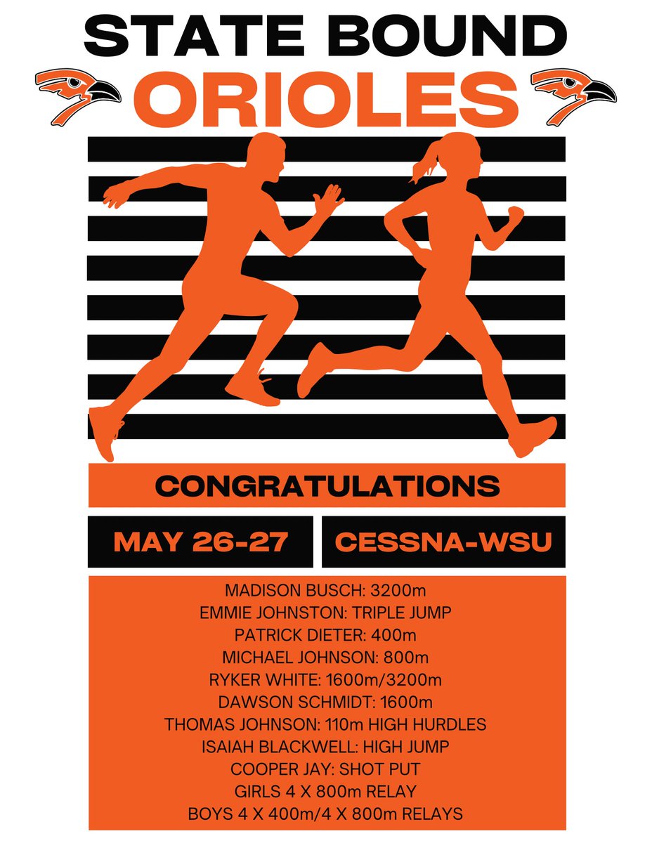 CONGRATULATIONS TO OUR TRACK ATHLETES WHO HAVE QUALIFIED FOR THE STATE TRACK MEET! GO ORIOLES!