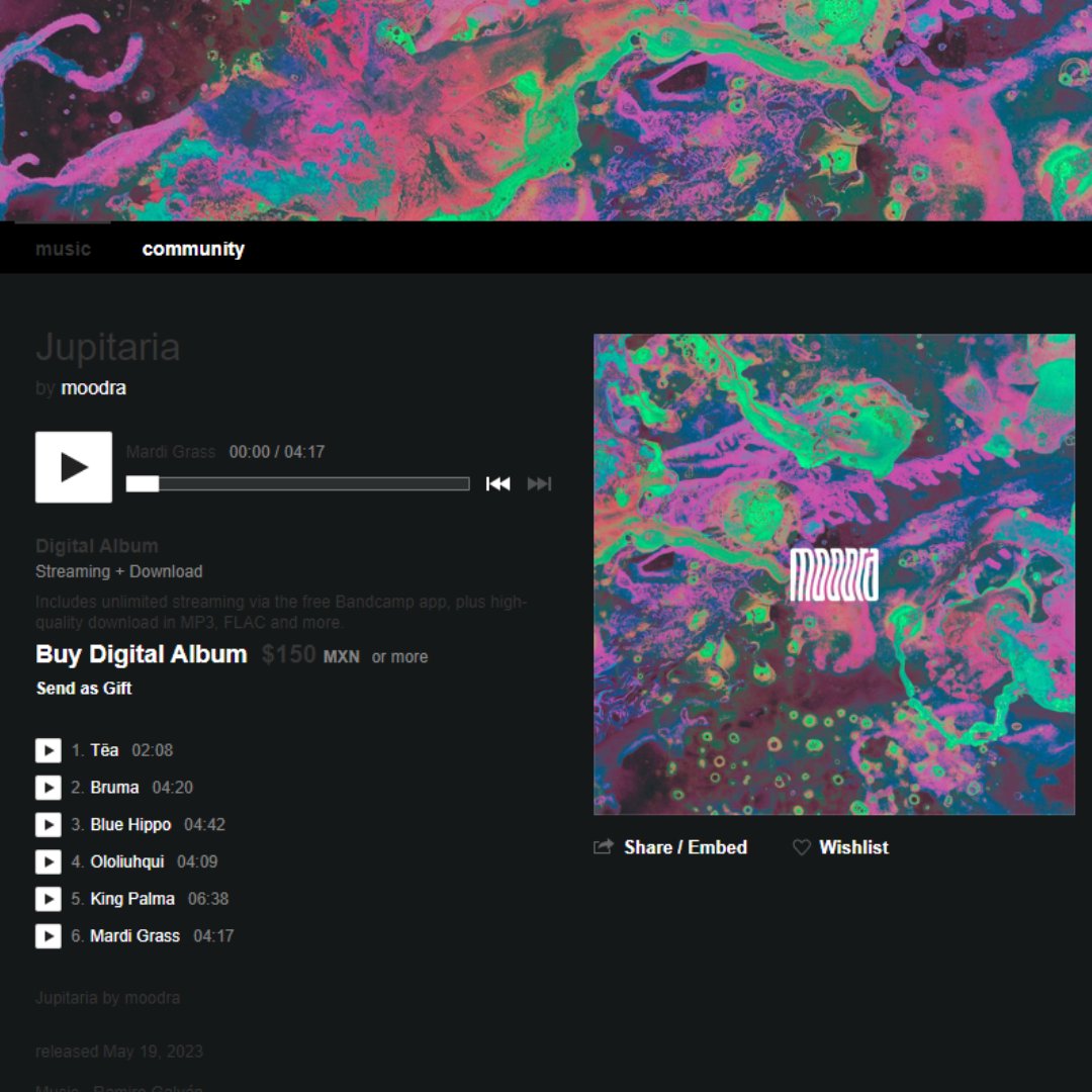 Jupitaria.

Han pasado 84 años…

moodra.bandcamp.com

Estamos muy contentos de anunciar este nuevo material en Bandcamp. Fue una etapa de dos años de psicodelia, mucho esfuerzo y mucho cariño para por fin poder compartir esta nueva música con ustedes.

#moodramusic