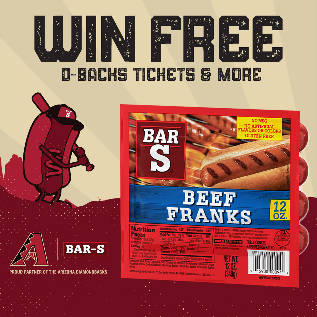 Dbacks's tweet photo. Slide into flavor with Bar-S, the Official Hot Dog of the #Dbacks! Enter the Bar-S Dogs &amp; D-backs Sweepstakes for a chance to win D-backs tickets, Fry’s gift cards, and more: https://t.co/9tZuY2UJbO https://t.co/fygvUhQFxT