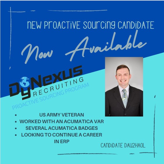 DyNexusRecruitr's tweet photo. Looking for an entry-level ERP Consultant with several Acumatica ERP badges looking to advance their career in mid-market ERP?  We got a new candidate in our Proactive Sourcing Program you have to see.
https://t.co/I5wl9v0E5e
#ERP #erprecruiting #jobseekers #ProactiveSourcing https://t.co/to2UVItjgU