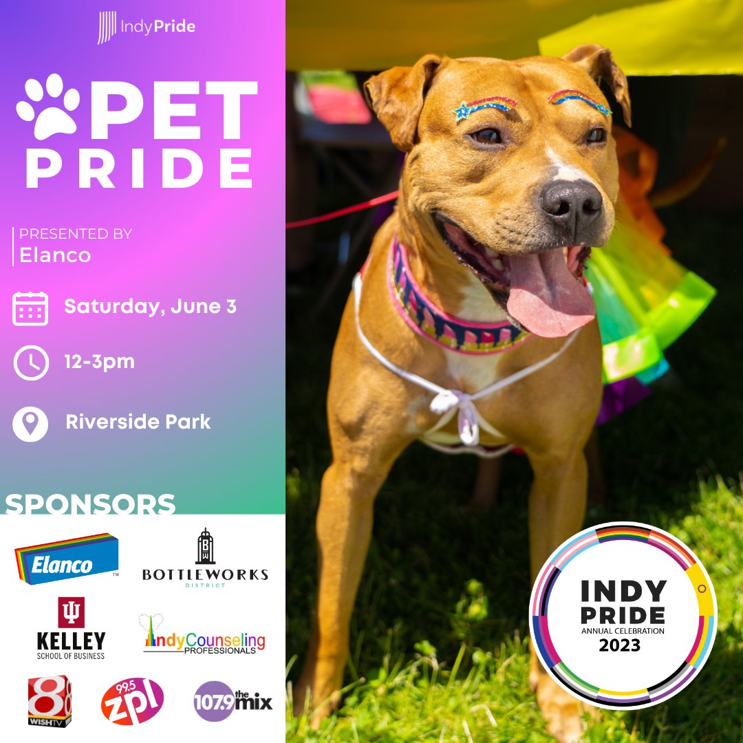 Mark your calendars for June 3 and join us at Riverside Park from 12 to 3pm for Pet Pride presented by @Elanco 🌈🐾🐶🐱🐈‍⬛ More info and RSVP 👉 indypride.org/event/indy-pri… #IndyPride #IndyPets #PrideMonth #Pride2023 #LGBTQ #LGBT