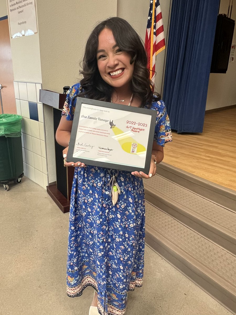 Congratulations to Ana Zavala Tamayo, 5th grade teacher at Uhland Elementary, for being awarded the G/T Spotlight Award for this school year. She ensures her students are given the opportunity for extensions and creativity. 🥳 <a href="/HaysCISD/">Hays CISD</a> <a href="/HaysCISD_GT/">Hays Gifted and Talented</a>