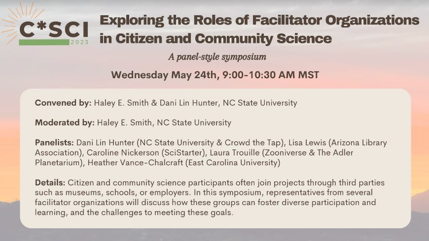 Really looking forward to being part of this symposium on engaging with partner orgs at #CSci2023! 

Lisa Lewis, <a href="/CHNickerson/">Caroline Nickerson, PhD</a>, <a href="/WindyCityAstro/">laura trouille</a>, <a href="/HVanceChalcraft/">Heather Vance-Chalcraft</a>, and I will be talking #CitizenScience at #libraries, #museums, K16 #schools, &amp; more. Moderated by <a href="/haleysmith_1/">Haley Smith</a>