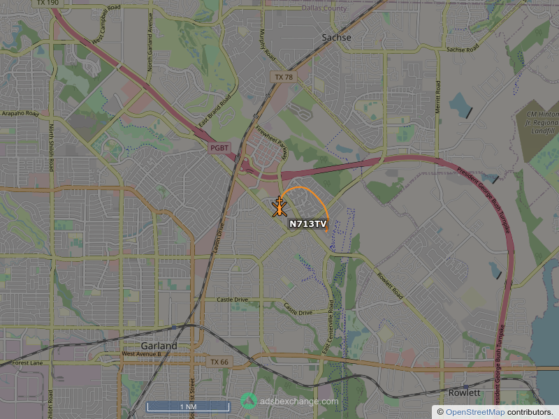 N713TV, a Robinson R66, is circling over Garland at 1625 feet, speed 40 MPH, squawking 4614, 0.3 miles from Shell globe.adsbexchange.com/?icao=a988ef&z…