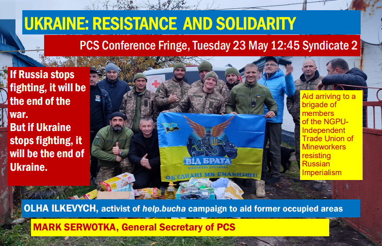 UkraineSol's tweet photo. Next week is the conference of civil service union @pcs_union. PCS supports our campaign; we're delighted its general secretary Mark Serwotka is speaking at our fringe, alongside Ukrainian activist Olha Ilkevych.

12.45, 23 May / Syndicate 2, Brighton Centre

#StandWithUkraine️ https://t.co/Xe3RD3eMBY