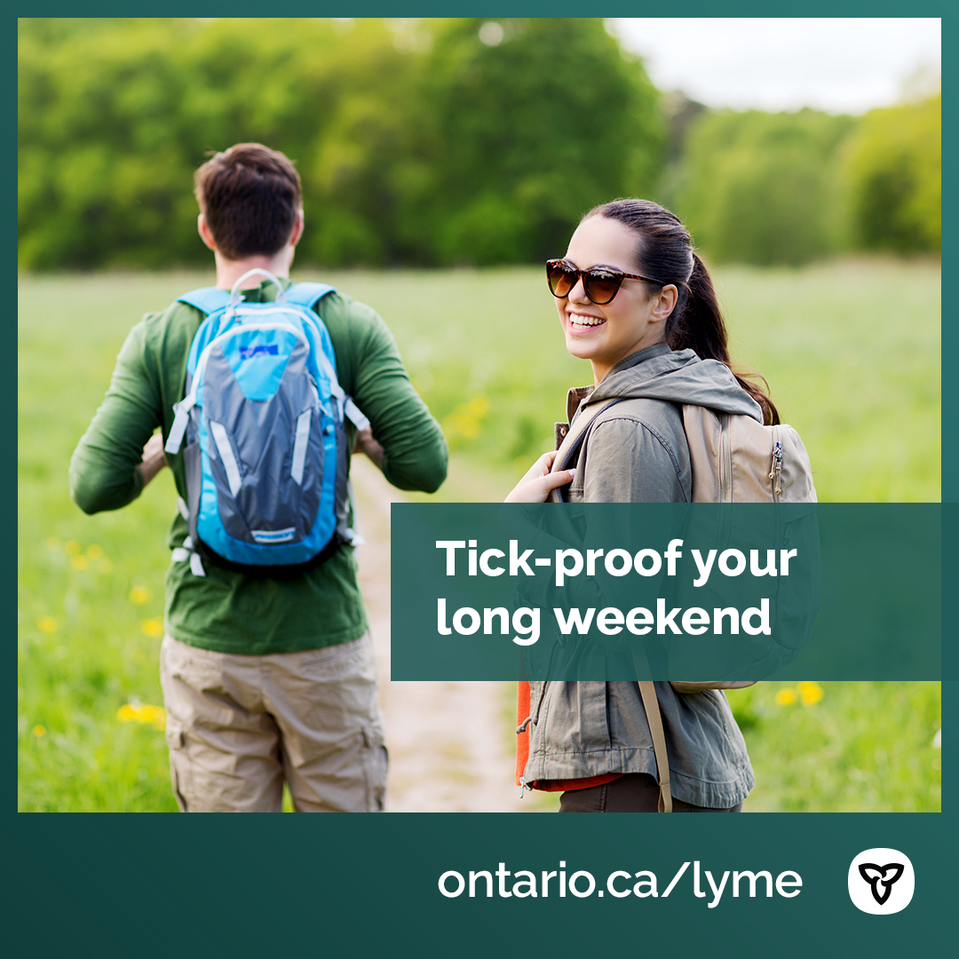 ONThealth's tweet image. This Victoria Day #LongWeekend, remember to protect yourself from tick bites and #LymeDisease.

Stick to marked trails, wear light-coloured clothing, use bug spray with DEET or icaridin, &amp;amp; check yourself &amp;amp; your pets for ticks. 

Learn more: ontario.ca/Lyme #TickPrevention