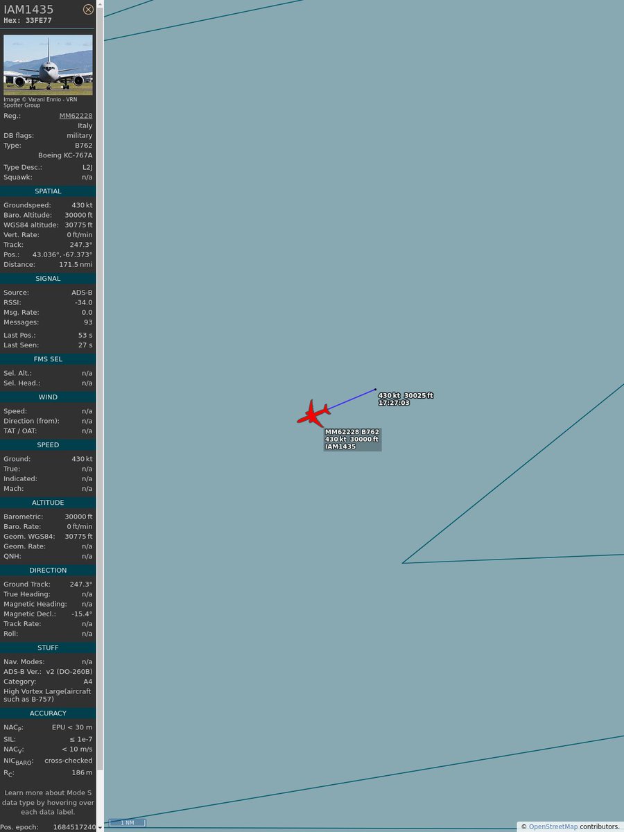 #PlaneAlert ICAO: #33FE77 Tail: #MM62228 Flt: #IAM1435 Owner: #ItalianAirForce Aircraft: #Boeing KC-767A 2023/05/19 13:27:20 #B762 #Air2Air #Tanker #WithValourToTheStars tinyurl.com/ycknd373 globe.adsbexchange.com/?icao=33FE77&s…