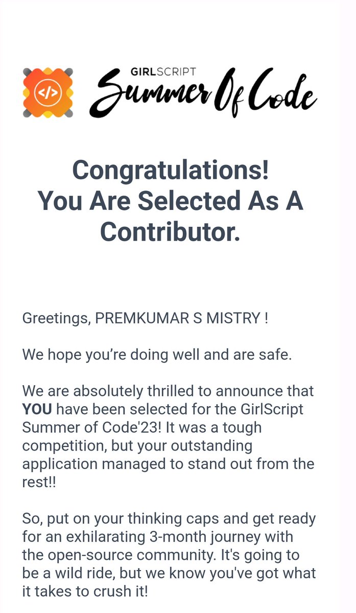 premdevelops's tweet image. I&apos;m Happy to be a contributor for @girlscriptsoc this year! ⁣⁣

This is my opportunity to #levelup and learn amazing new skills.

are you ready to join?be a part of this amazing program,and see what incredible projects we can create!#GSSOC #GirlScriptCodes #GirlScriptSoc 🚀