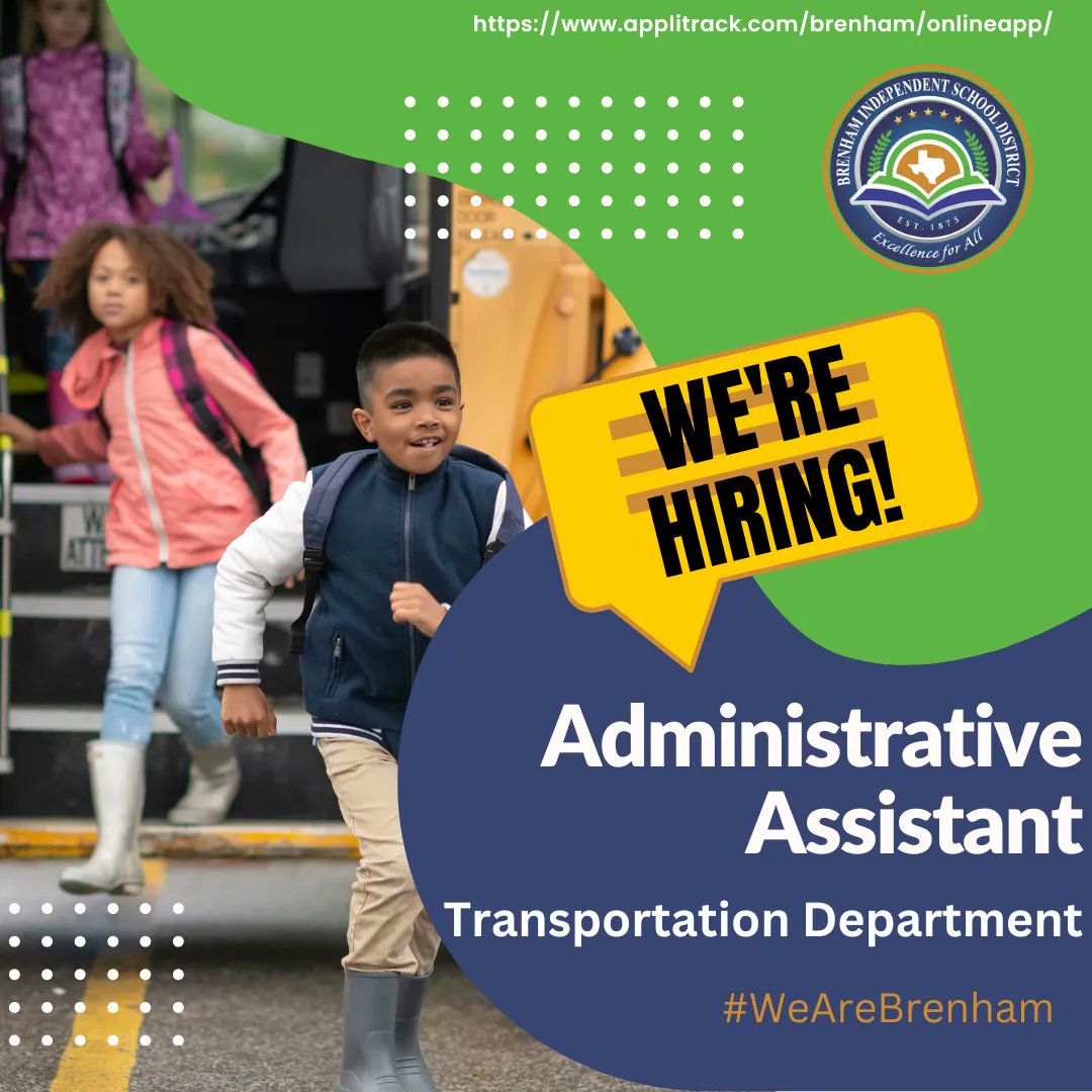 We are hiring for an Administrative Assistant to support the Brenham ISD Transportation Department. Find out more about this employment opportunity at buff.ly/3dTyjoZ. <a href="/BrenhamISD/">Brenham ISD</a> #WeAreBrenham
