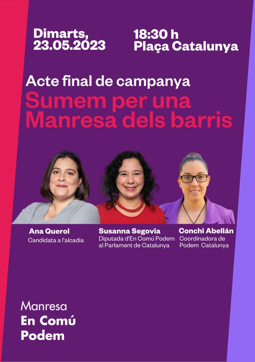 anacquerol's tweet photo. No hi falteu!! Dimarts a la plaça Catalunya!! La @ConchiAbellan_ de @PODEMOS i la @susannasegovia de @CatEnComu hi seran!! 

Sumem per una Manresa dels barris. Manresa En Comú Podem https://t.co/CuzkyJACO2