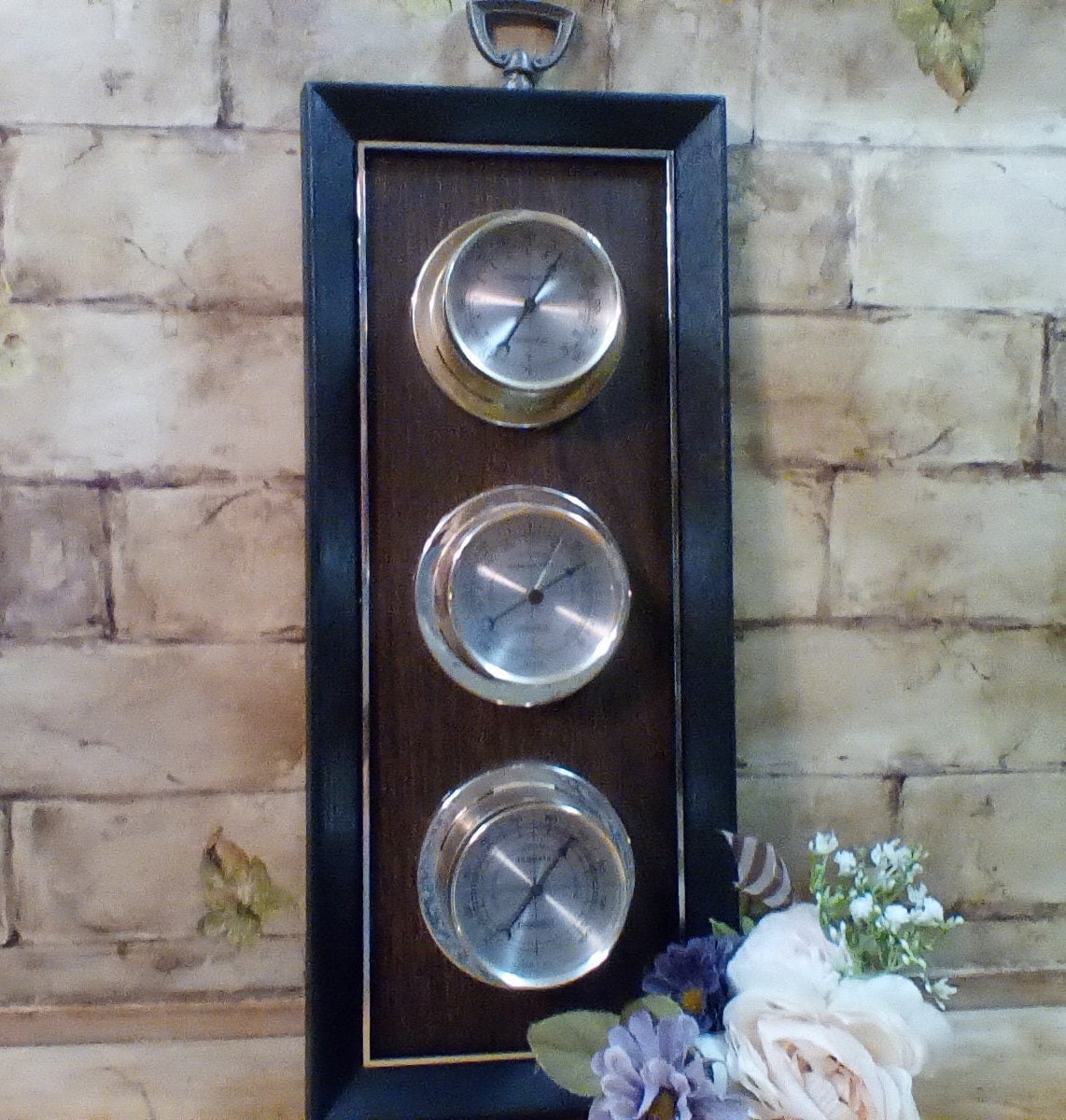 1950s Weather Instrument by Sringfield, Black Frame Around A Walnut Look Finish with Brass Colored... etsy.com/listing/148120…