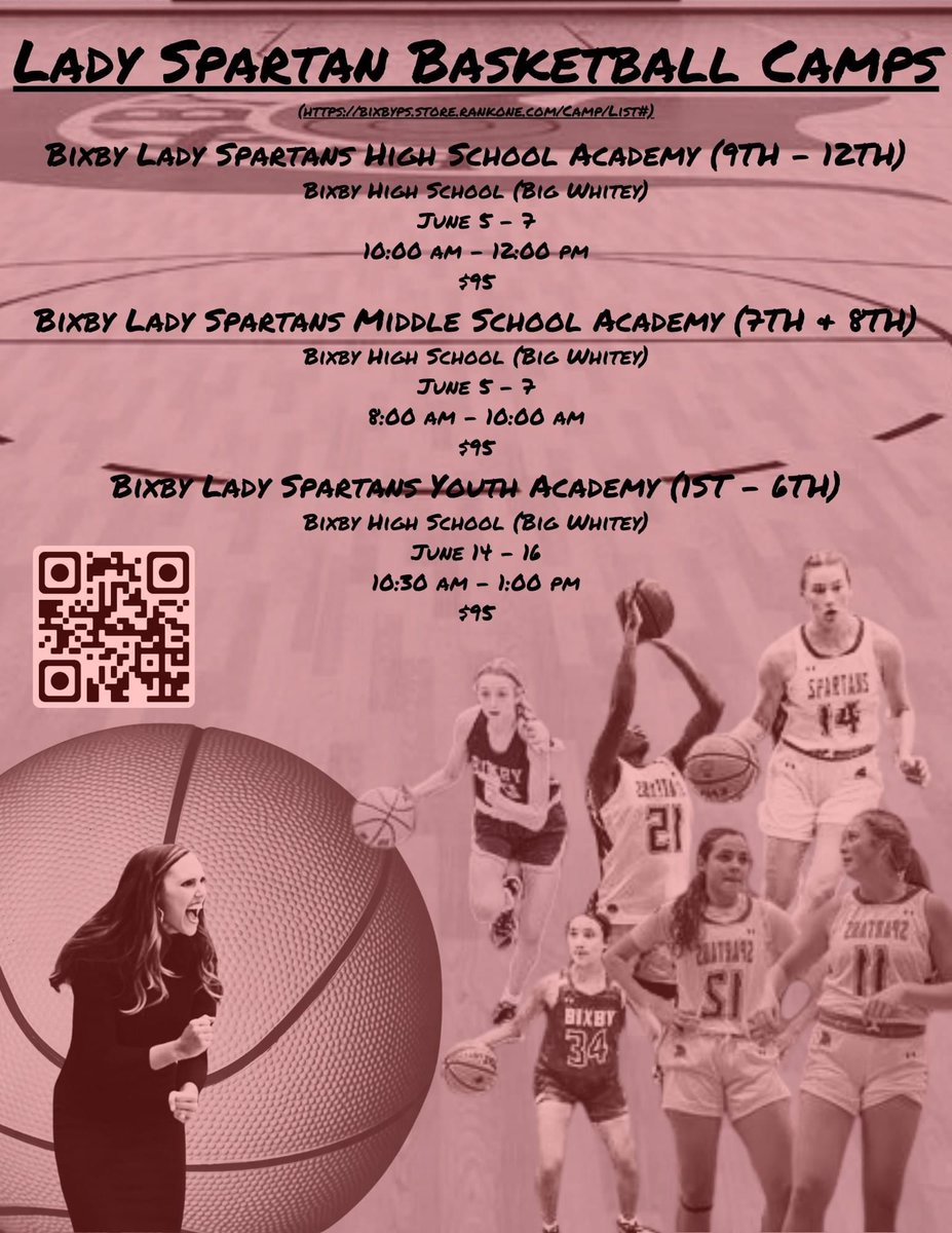 Hello, girl hoopers!

The Lady Spartans Camp Dates are officially released!! Be ready to work and improve your skills with Coach Littlejohn and her staff. Parents make sure to pre-register by June 1st to guarantee your camper a T-shirt. Links are listed below 👇

Bixby Lady…