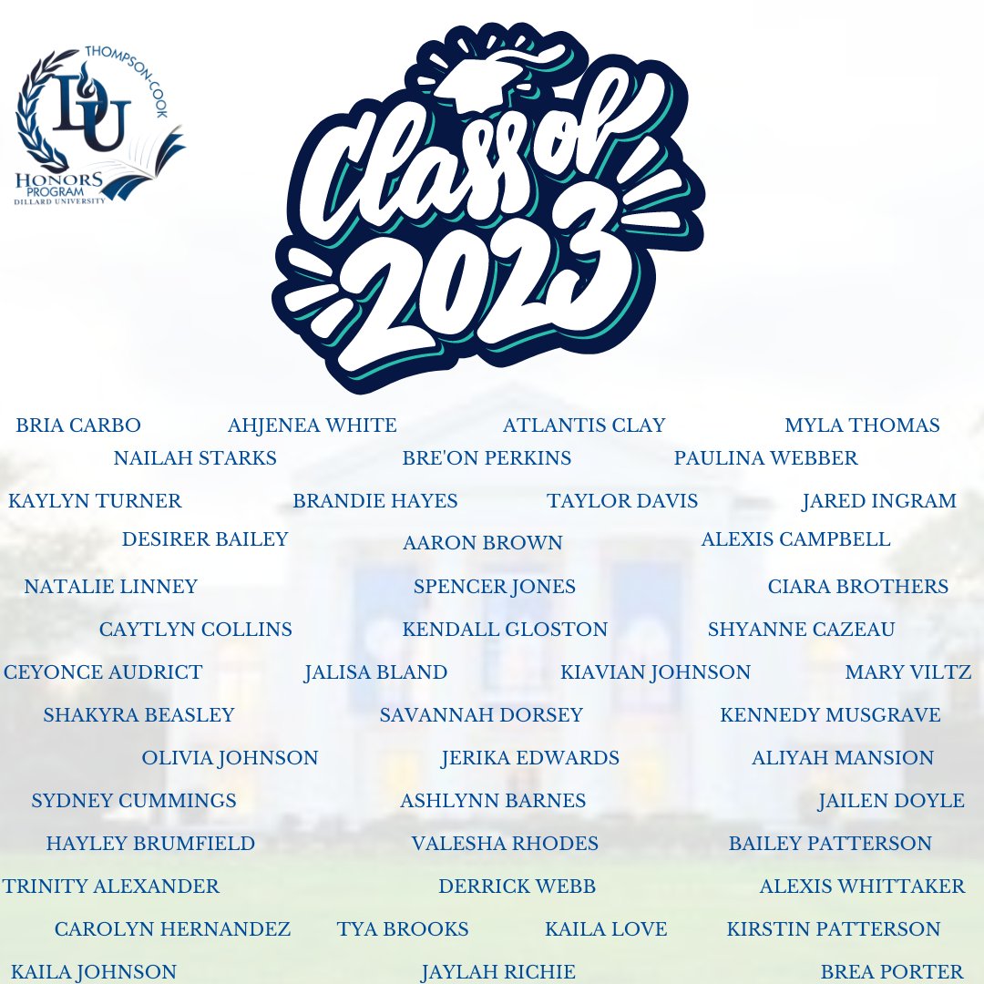 The Dillard University Thompson Cook Honors Program would like to congratulate all of its graduates from the class of 2023!! May you continue to reach success in all your endeavors.