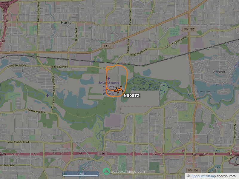 N505TZ, a Bell Helicopters 505, is circling over Fort Worth at 800 feet, speed 68 MPH, 0.8 miles from Bell Helicopters Auxiliary Heliport globe.adsbexchange.com/?icao=a64e44&z…
