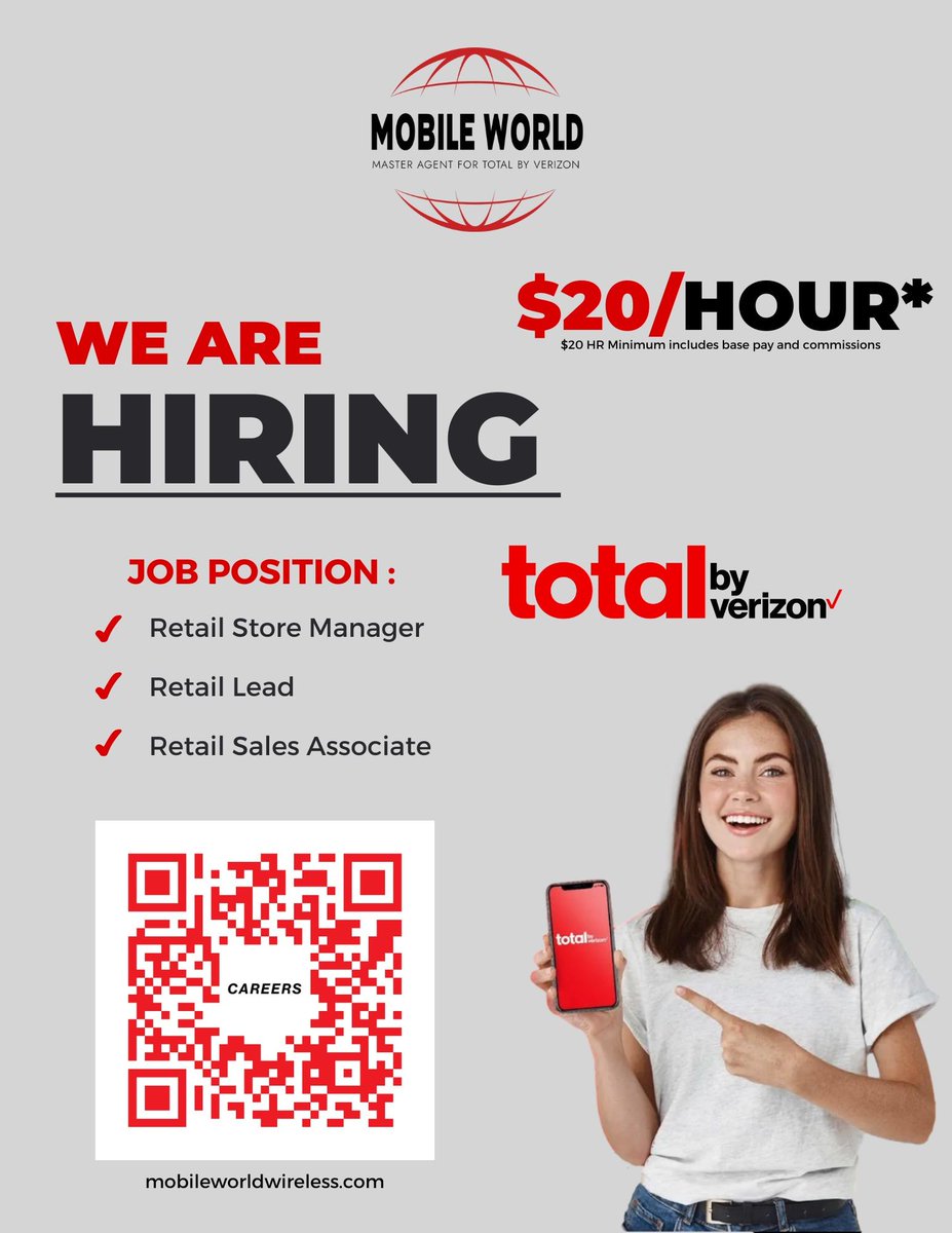 careers@mobileworldwireless.com
MWW Total By Verizon is seeking talented individuals to join our growing team. Our company values employees and customers alike, and we are looking for individuals who share our commitment to providing the best possible service to our customers.