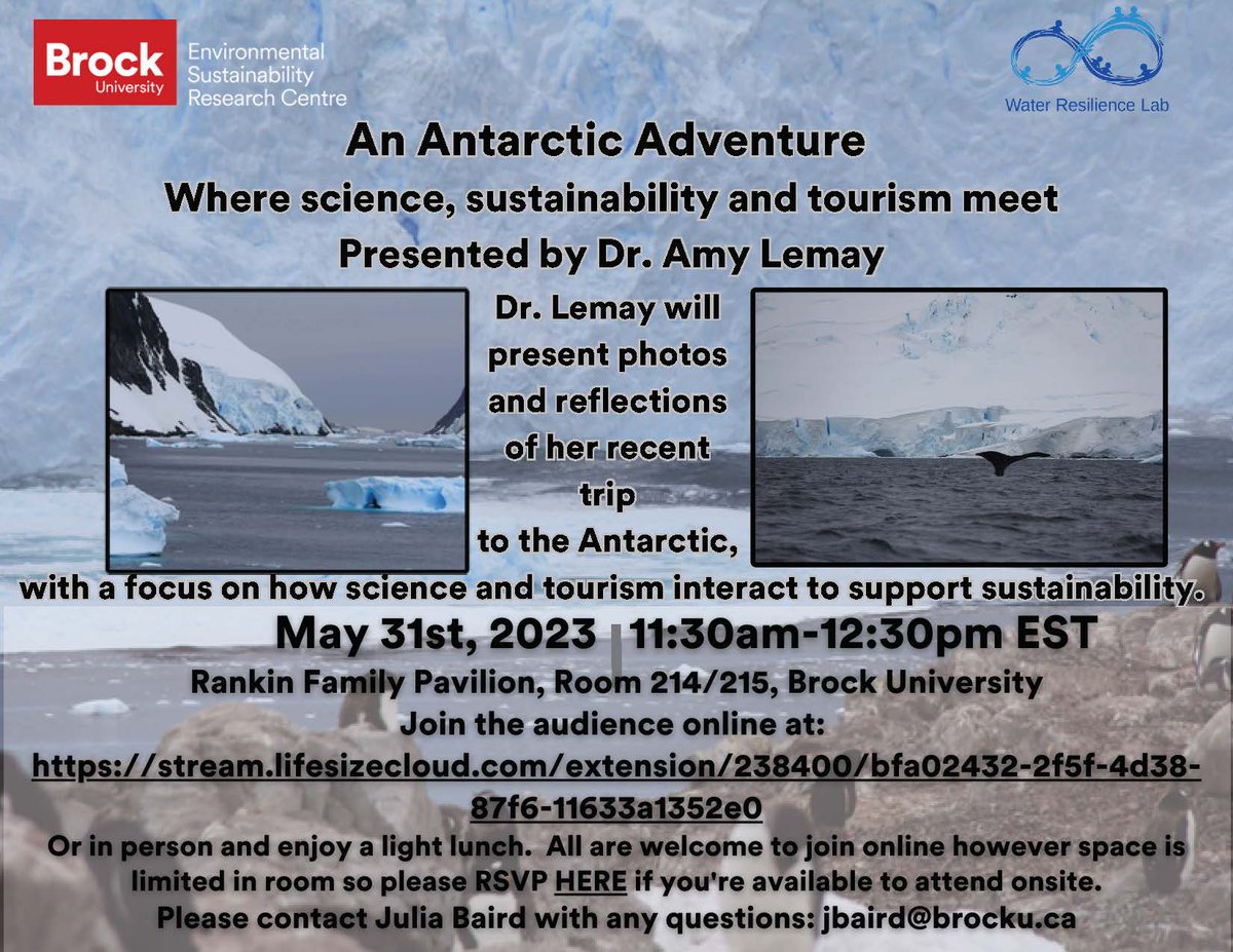 Check out this talk by Dr. Amy Lemay on May 31 11:30am EST focused on her recent trip to the Antarctic, reflecting on #sustainability work there combining science and #tourism! And, amazing photos!
Everyone is welcome, in person (please RSVP) or virtually: stream.lifesizecloud.com/extension/2384…