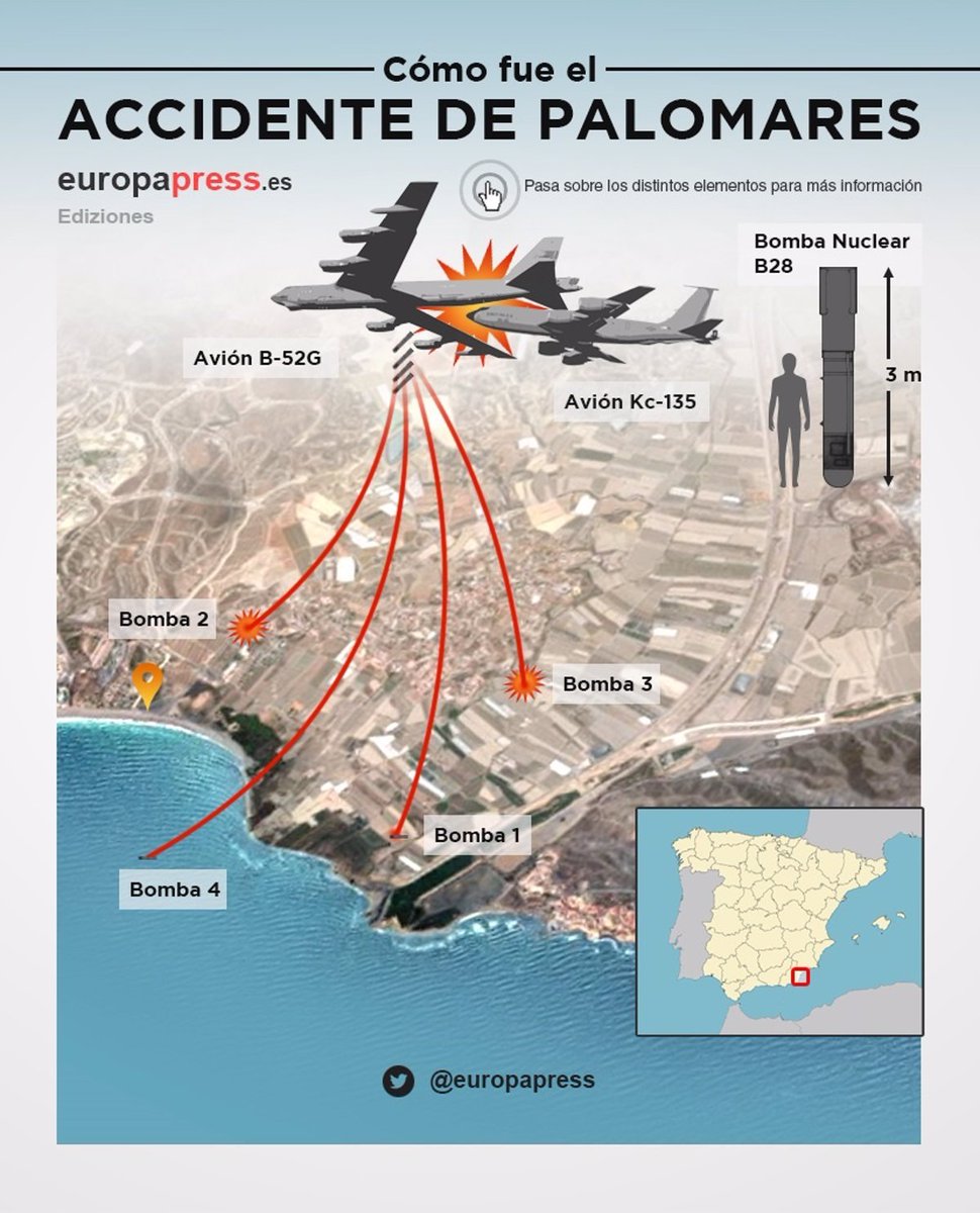 Era un 17 de enero de 1966, en una España en pleno franquismo, cuando un bombardero norteamericano B-52 colisionaba en el aire contra el avión nodriza que le suministraba el combustible. El accidente sucedía sobre Palomares, pedanía de Cuevas Almanzora, Almería.