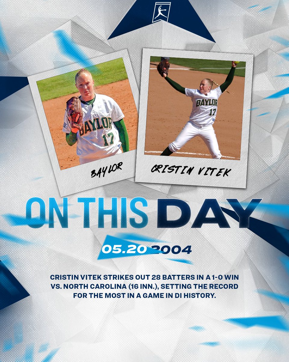NCAA Softball (@ncaasoftball) on Twitter photo On this day in 2004, Cristin Vitek struck out 28 batters in a 1-0 win vs. North Carolina (16 inn.), setting the record for the most in a game in DI history.
#RoadToWCWS x <a href="/BaylorSoftball/">Baylor Softball</a> On this day in 2004, Cristin Vitek struck out 28 batters in a 1-0 win vs. North Carolina (16 inn.), setting the record for the most in a game in DI history.
#RoadToWCWS x <a href="/BaylorSoftball/">Baylor Softball</a>
