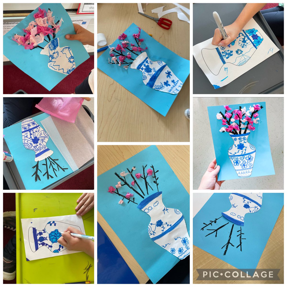 Our beautiful cherry blossom art today! 🌸 we looked at cherry blossom inspiration and looked at some blue and white Japanese vases to help inspire us! We listened to some music as we “walked” in cherry blossom field!