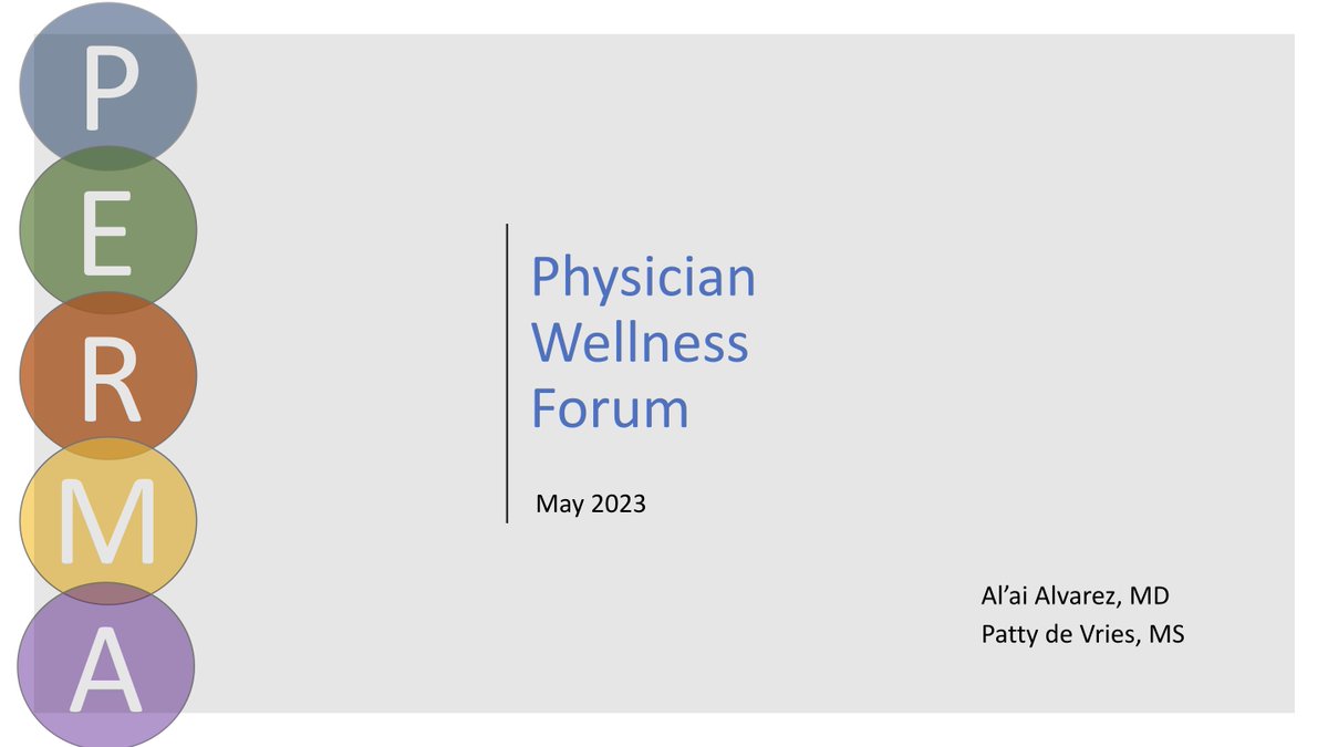 aL'Ai alvarez, MD (@alvarezzzy) on Twitter photo Last talk for the day, virtually this time, facilitating discussions on PERMA with a dear friend, Patty deVries (<a href="/LivingWellCA/">Patty</a>), at the <a href="/StanfordWellMD/">Stanford WellMD & WellPhD</a> Physician Wellness Forum on PERMA.
H/T to Dr. Gloria H Park (<a href="/PerformPositive/">Gloria Park, PhD, MAPP, CMPC</a>) for teaching us about this.
#doctorsarehumanstoo Last talk for the day, virtually this time, facilitating discussions on PERMA with a dear friend, Patty deVries (<a href="/LivingWellCA/">Patty</a>), at the <a href="/StanfordWellMD/">Stanford WellMD & WellPhD</a> Physician Wellness Forum on PERMA.
H/T to Dr. Gloria H Park (<a href="/PerformPositive/">Gloria Park, PhD, MAPP, CMPC</a>) for teaching us about this.
#doctorsarehumanstoo