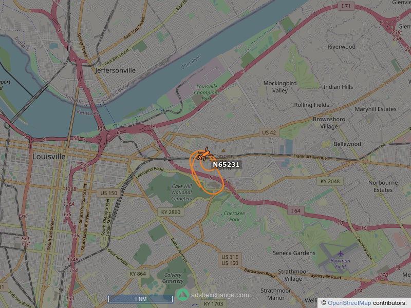 N65231, a 2001 BELL 206B, is circling over Clifton, Louisville at 1200 feet, speed 64 MPH, 0.2 miles from Sacred Heart Home globe.adsbexchange.com/?icao=a89703&z…