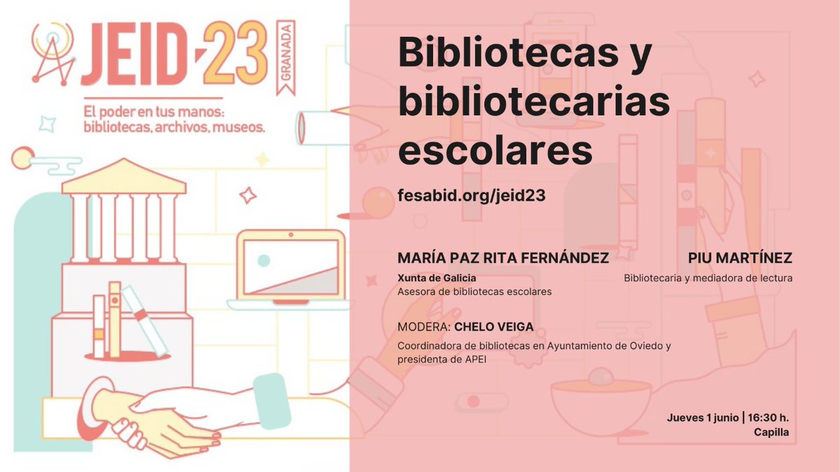 fesabid's tweet photo. #JEID23 ⚡ Diálogo sobre el papel vital de las bibliotecas en la educación y la mediación de lectura: 'Bibliotecas y bibliotecarias escolares' con María Paz Rita Fernández Pereiro y @PequenhaciudadP 

Gracias a @chelovg por moderar este diálogo sobre un tema tan candente 🔥🔥 https://t.co/EpQU054vM7