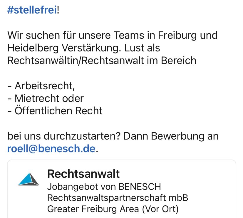 Wir stellen ein und suchen für unsere Teams im 

- Arbeitsrecht,
- Mietrecht und 
- Öffentlichen Recht 

 jeweils Verstärkung. Lust auf spannende Tätigkeit in einem dieser Bereiche? Wir freuen uns auf Bewerbungen für unsere Standorte in Freiburg oder Heidelberg.