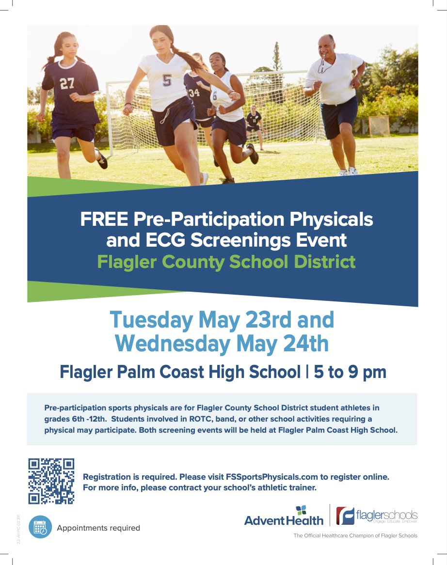 Attention ALL Flagler County High School Athletes!  Get your physical that will cover you for all of next year and get it for FREE next week!  Physicals will take place at Flagler Palm Coast High School on Tuesday and Wednesday!  Use the QR Code to sign up!