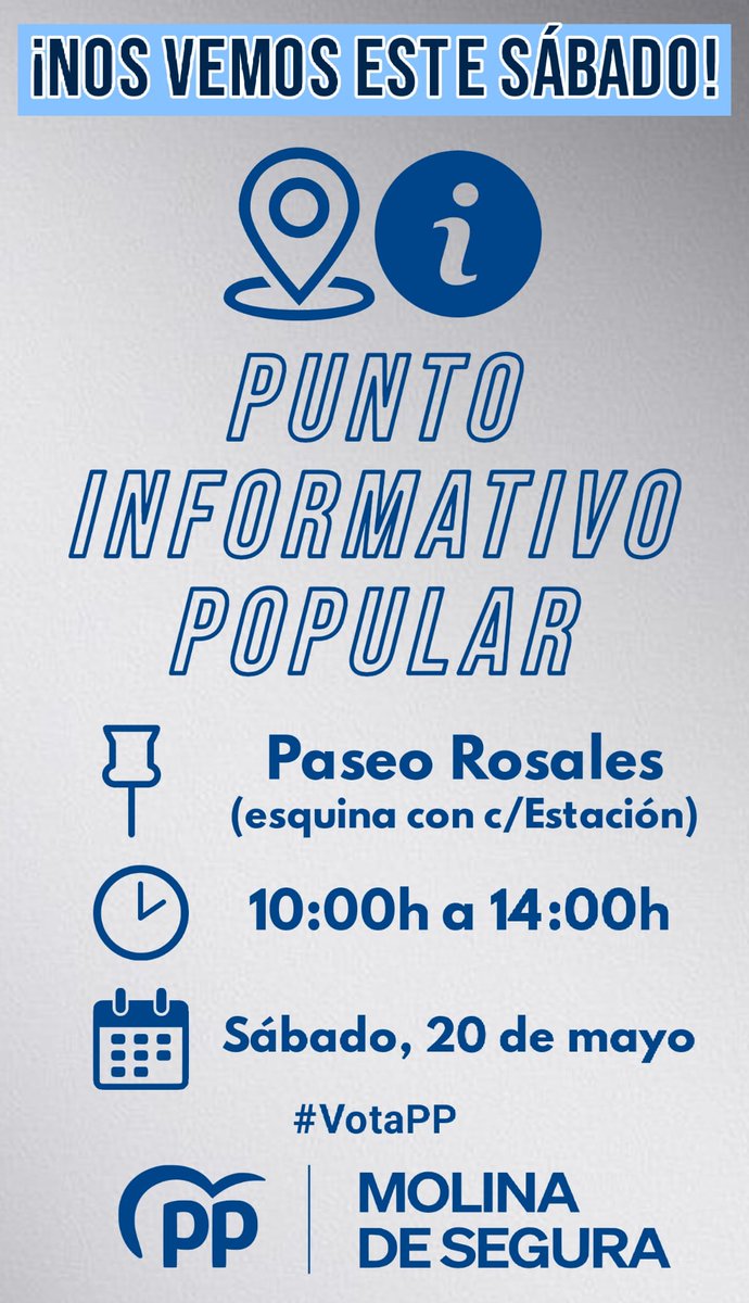 popularesmolina's tweet photo. 🔵 Mañana sábado 20 te esperamos en nuestro #PuntoInformativoPopular.

🕐 De 10:00h a 14:00h estaremos en Paseo Rosales (esquina con c/ Estación).

↪️ Seguimos informando a los molinenes de nuestro proyecto de ciudad y de nuestra candidatura.

😉 ¡Nos vemos!

#MolinaEntreTodos https://t.co/RGv7bu3Vnz