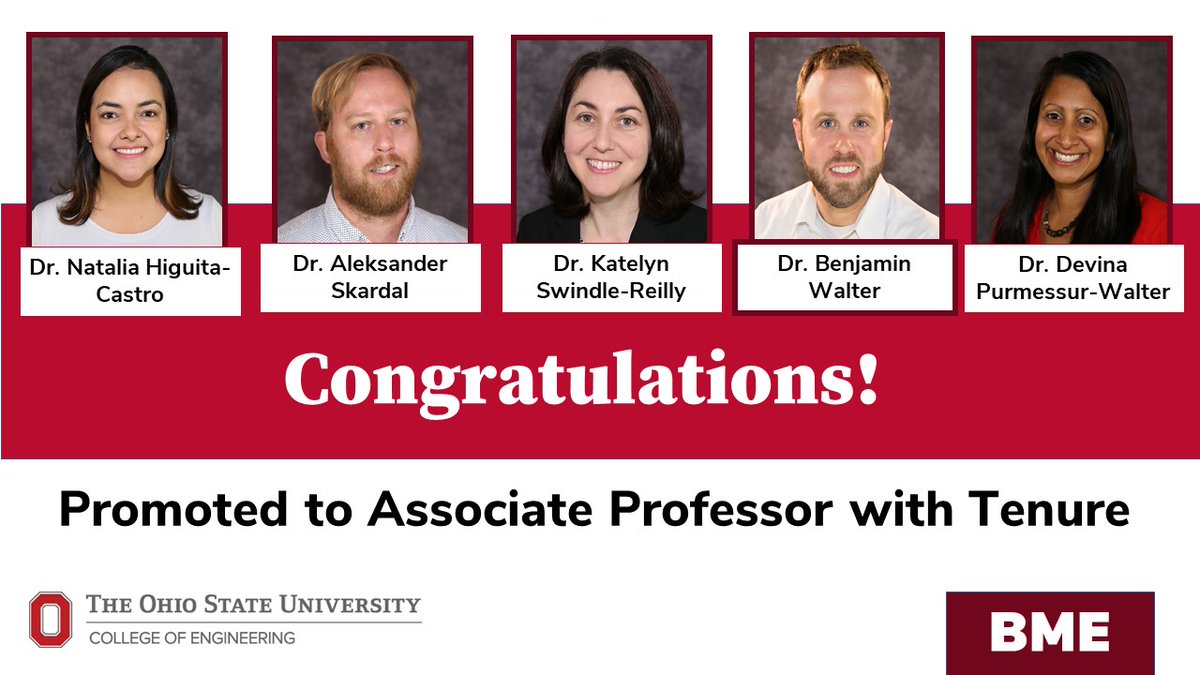 OhioStateBME's tweet image. A big congratulations to @nhc_nanomedlab, @AleksSkardal, @SwindleReilly, @DevinaPurmessur &amp;amp; @WalterSpineLab for being promoted to Associate Professor with Tenure !🎉