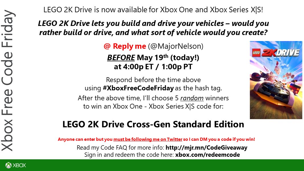 #XboxFreeCodeFriday time. Read this and you could win a code for #LEGO2KDrive Cross-Gen Standard   Edition on Xbox One - Xbox Series X|S. Good luck!