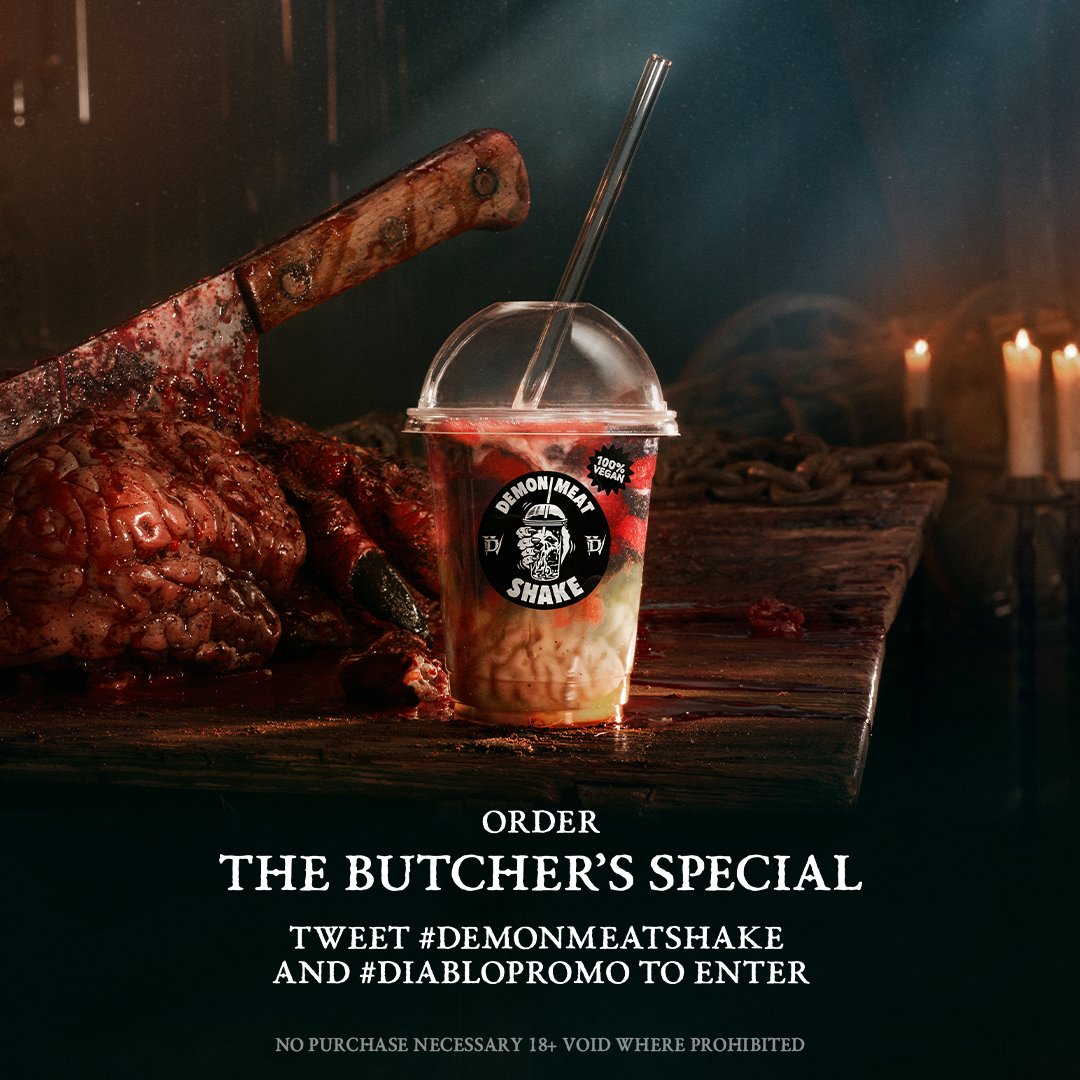Ahhh, fresh meat 🥤

Tweet #DemonMeatShake + #DiabloPromo now and The Butcher might grace you with a *100% vegan* treat.

Rules: blizz.ly/3OCkq2f