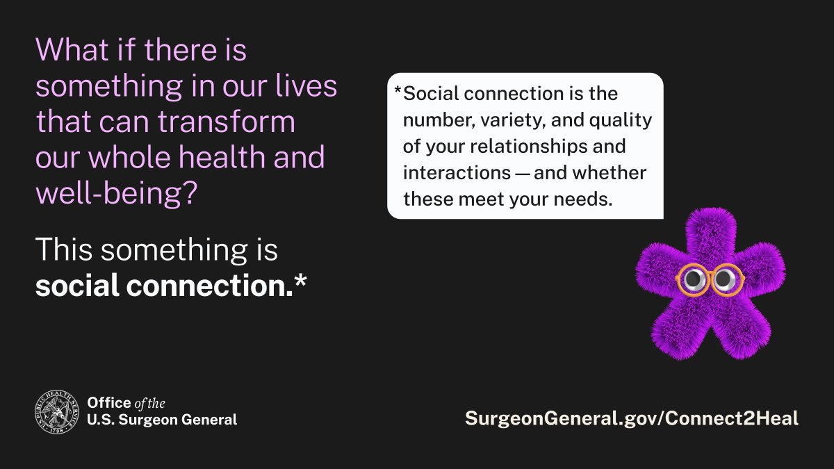 CDCgov's tweet image. Our health depends heavily on our connections with one another. New @Surgeon_General's Advisory highlights evidence that meaningful relationships are beneficial to our individual and collective health and well-being. 

Learn how you can #Connect2Heal: bit.ly/40WVdSo