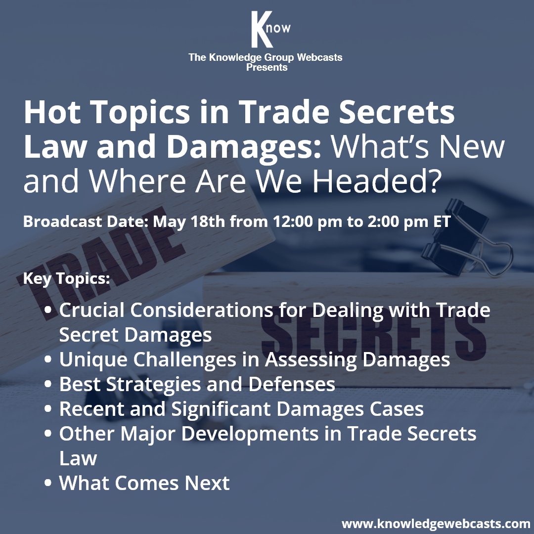 KnowGroupCLECPE's tweet image. Yesterday, Ida T. Shea and Carrie Distler of @FTIConsulting, and John A. Stone of @DeCotiisLaw presented on our “Hot Topics in Trade Secrets Law and Damages” webcast.

Access the discounted recording here: zurl.co/WD9k

#TradeSecretsLaw #TradeSecrets #CLEwebcast #tkg