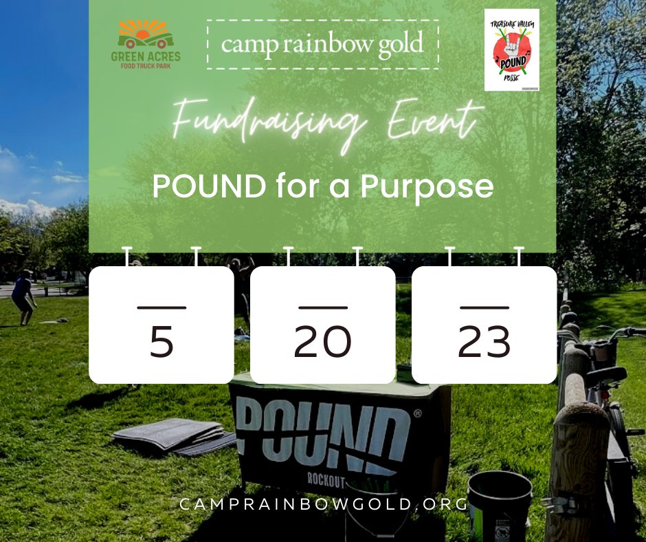 ✋Who's ready for POUND for a Purpose? TOMORROW at 10 a.m., we're making NOISE with the Treasure Valley POUND Posse and Green Acres Food Truck Park!  Every $10 or more donation includes a drink from Green Acres.
See you soon! #camprainbowgold #crg #keepshining #camp #forthekids